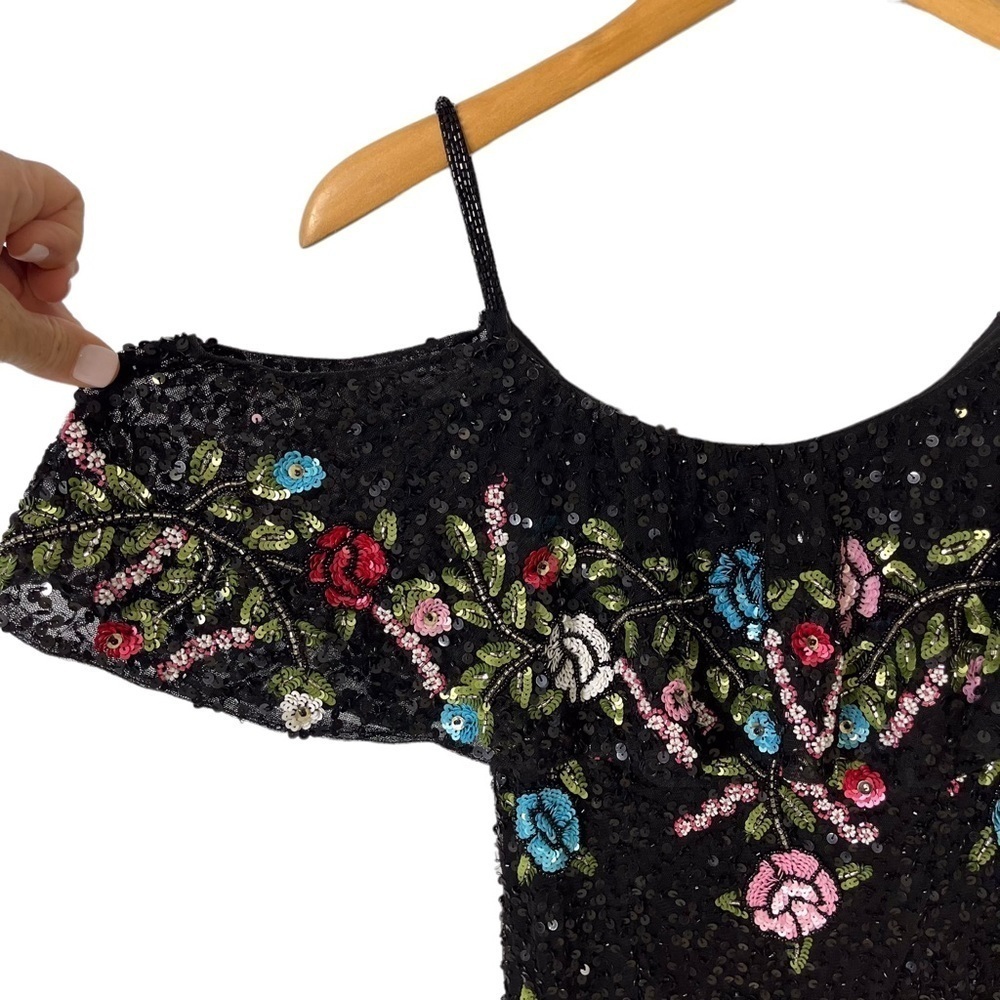 Mac Duggal Cold Shoulder Sequin Floral Gown Dress Black Size 2 Formal Black Tie - Picture 5 of 13